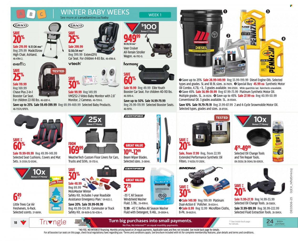 thumbnail - Canadian Tire Flyer - February 03, 2023 - February 09, 2023 - Sales products - chair, air freshener, cushion, washing machine, baby monitor, high chair, wagon, cruiser, baby car seat, wiper blades, oil filter, washer fluid, motor oil, conventional oil, camera, detergent. Page 18.