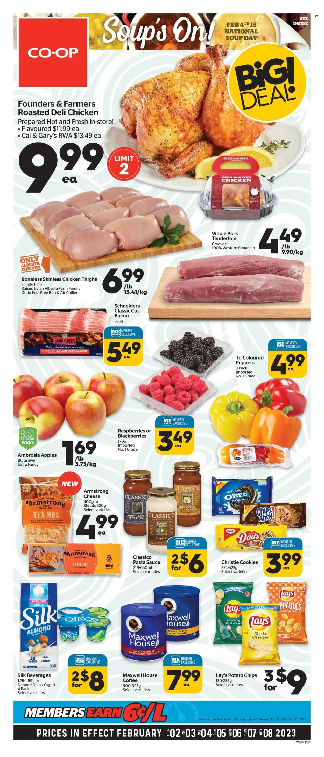 thumbnail - Calgary Co-op Flyer - February 02, 2023 - February 08, 2023 - Sales products - peppers, apples, blackberries, chicken roast, pasta sauce, soup, sauce, bacon, yoghurt, Oikos, cookies, potato chips, chips, Lay’s, Classico, Maxwell House, coffee, whole chicken, chicken thighs, chicken, pork meat, pork tenderloin, calcium, Oreo, Danone. Page 1.