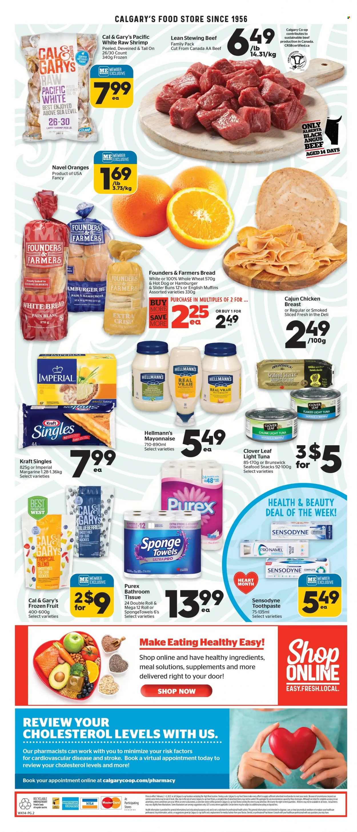 thumbnail - Calgary Co-op Flyer - February 02, 2023 - February 08, 2023 - Sales products - english muffins, white bread, buns, oranges, navel oranges, tuna, shrimps, hot dog, hamburger, Kraft®, sandwich slices, Kraft Singles, Clover, margarine, mayonnaise, Hellmann’s, snack, light tuna, olive oil, oil, smoothie, chicken breasts, chicken, beef meat, stewing beef, bath tissue, Rin, Purex, toothpaste, Sensodyne. Page 2.