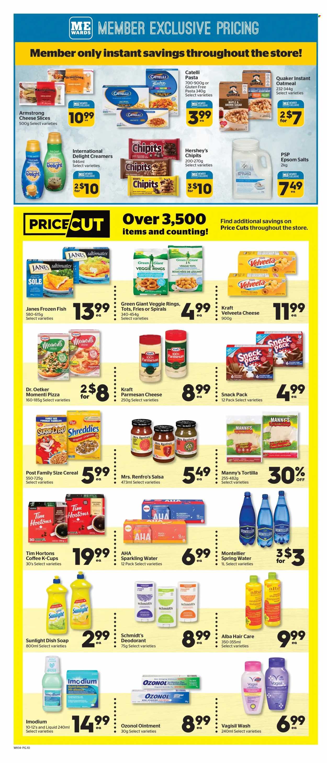 thumbnail - Calgary Co-op Flyer - February 02, 2023 - February 08, 2023 - Sales products - tortillas, pomegranate, fish, spaghetti, pizza, macaroni, pasta, Quaker, Kraft®, pepperoni, sliced cheese, parmesan, Dr. Oetker, milk, Hershey's, potato fries, fudge, chocolate, dark chocolate, oatmeal, cereals, salsa, honey, spring water, sparkling water, coffee, coffee capsules, K-Cups, Keurig, ointment, DAC, Sunlight, soap, conditioner, anti-perspirant, shampoo, Imodium, deodorant. Page 14.