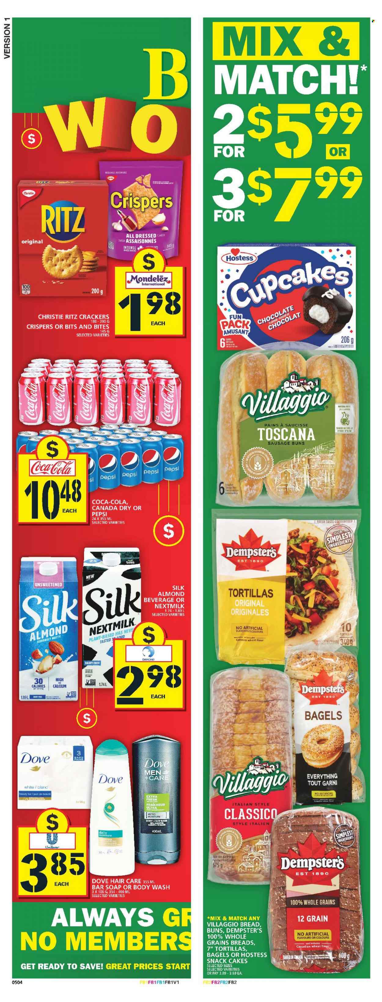thumbnail - Food Basics Flyer - February 02, 2023 - February 08, 2023 - Sales products - bagels, tortillas, buns, cupcake, sausage, Dove, chocolate, snack, crackers, RITZ, wheat flour, Classico, Canada Dry, Coca-Cola, Pepsi, body wash, face gel, soap bar, soap, face wash, calcium, Danone. Page 12.