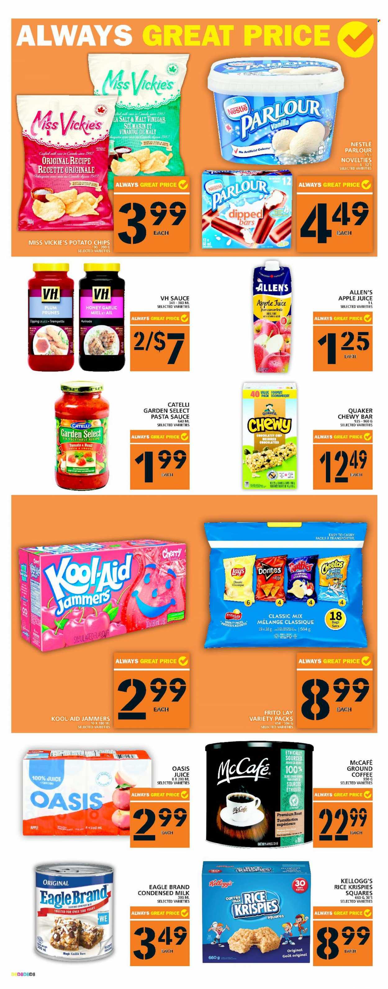 thumbnail - Food Basics Flyer - February 02, 2023 - February 08, 2023 - Sales products - garlic, pasta sauce, sauce, Quaker, milk, condensed milk, Kellogg's, potato chips, chips, Lay’s, Frito-Lay, Rice Krispies, marinade, honey, prunes, dried fruit, apple juice, juice, coffee, ground coffee, McCafe, pet bed, kool aid, Nestlé. Page 8.