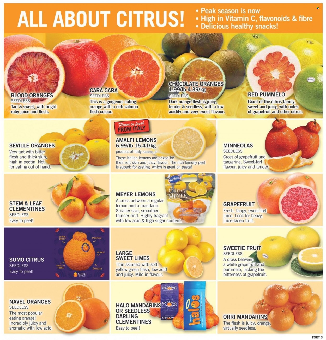 thumbnail - Fortinos Flyer - February 02, 2023 - February 08, 2023 - Sales products - tart, clementines, grapefruits, limes, mandarines, lemons, sumo citrus, navel oranges, pasta, chocolate, snack, juice, vitamin c. Page 4.