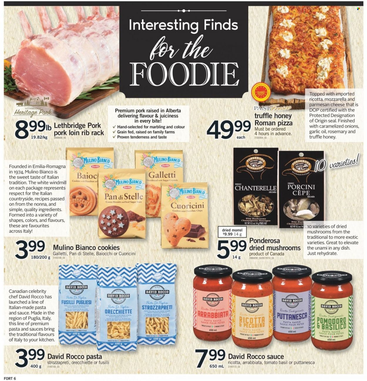 thumbnail - Fortinos Flyer - February 02, 2023 - February 08, 2023 - Sales products - garlic, pasta sauce, puttanesca pasta, parmesan, Pecorino, cookies, truffles, biscuit, cocoa, rosemary, oil, honey, pork loin, pork meat, pan, ricotta, Barilla. Page 7.