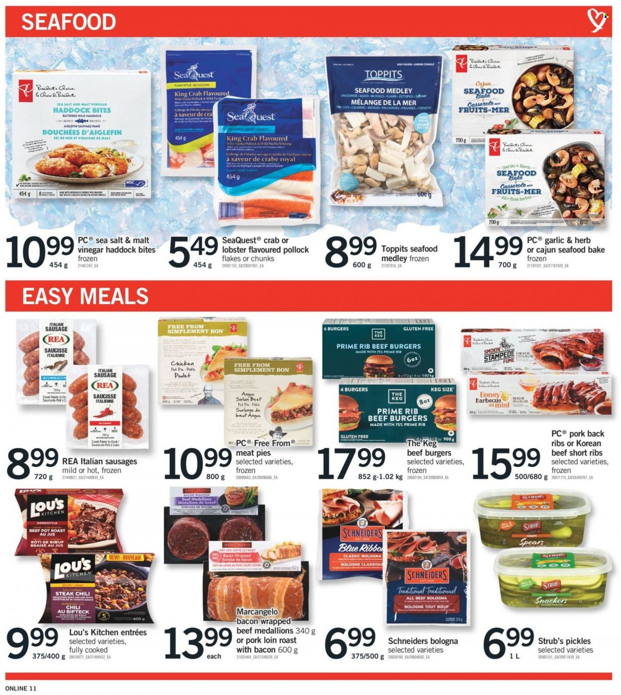 thumbnail - Fortinos Flyer - February 02, 2023 - February 08, 2023 - Sales products - pie, pot pie, clams, mussels, squid, haddock, king crab, pollock, octopus, seafood, crab, whiting, hamburger, beef burger, bologna sausage, sausage, italian sausage, Président, sea salt, pickles, dill, vinegar, honey, beef meat, beef ribs, beef sirloin, ribs, pork loin, pork meat, pork ribs, pork back ribs, pot, casserole, savage, steak. Page 11.