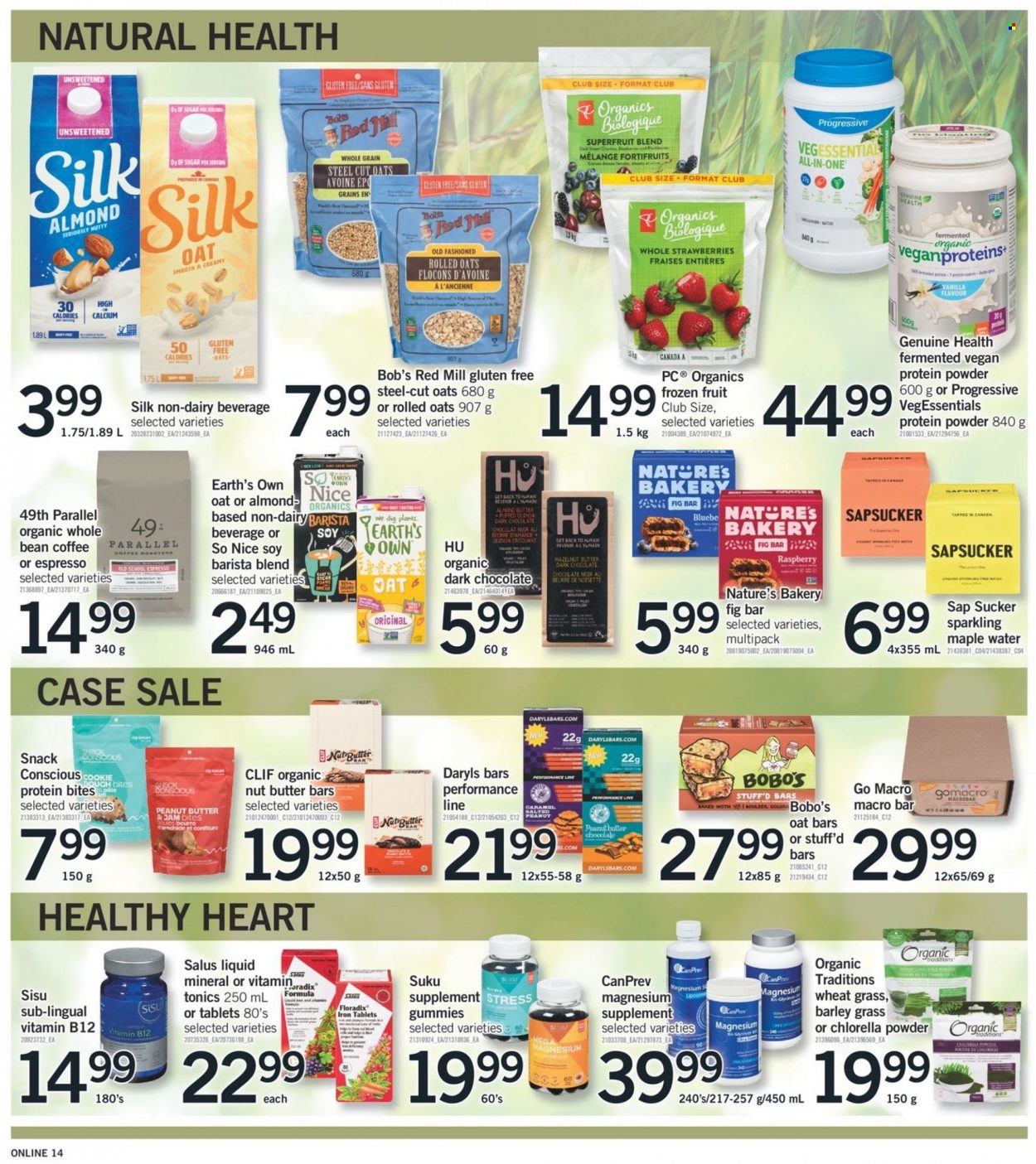 thumbnail - Fortinos Flyer - February 02, 2023 - February 08, 2023 - Sales products - strawberries, almond butter, chocolate, snack, dark chocolate, sugar, rolled oats, caramel, fruit jam, peanut butter, Cerés, coffee, So Nice, iron, magnesium, vitamin B12, iron tablets, whey protein, calcium, quinoa. Page 13.