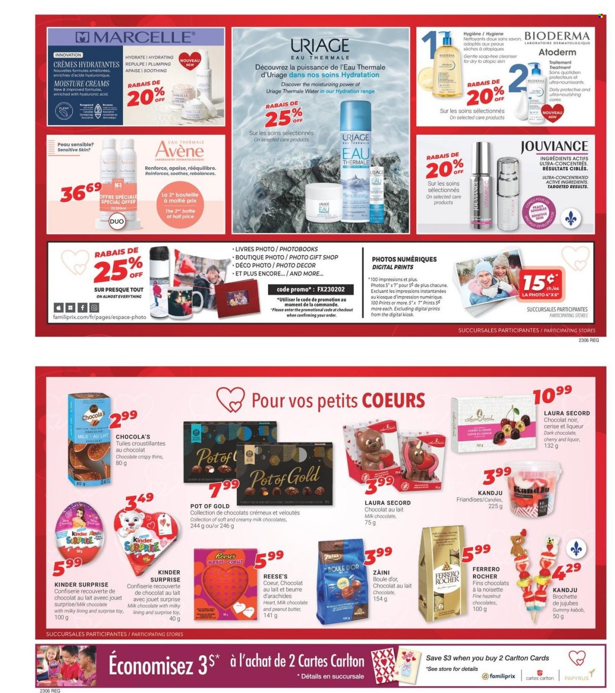 thumbnail - Familiprix Flyer - February 02, 2023 - February 08, 2023 - Sales products - milk chocolate, Kinder Surprise, Reese's, dark chocolate, Thins, peanut butter, soap, cleanser, Ferrero Rocher. Page 7.