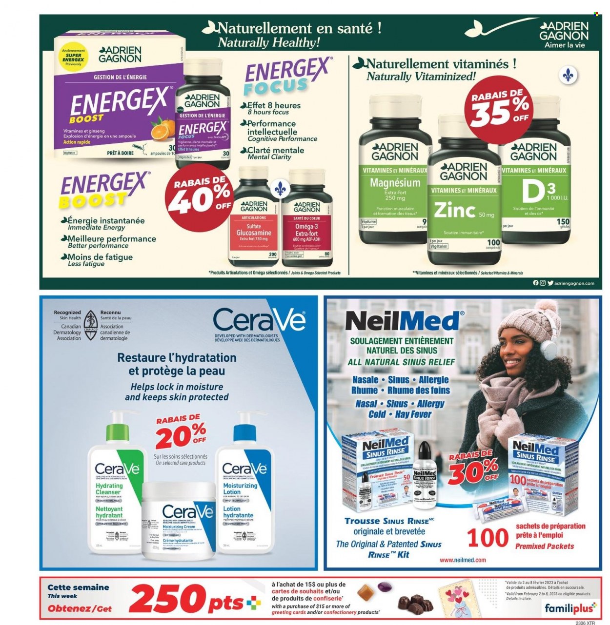 thumbnail - Familiprix Flyer - February 02, 2023 - February 08, 2023 - Sales products - Boost, CeraVe, cleanser, body lotion, glucosamine, magnesium, Omega-3, ginseng, zinc. Page 10.