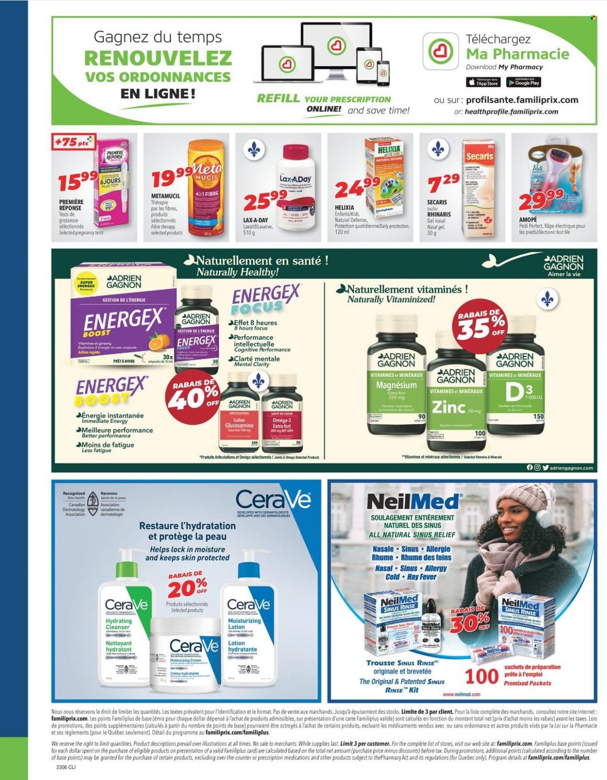thumbnail - Familiprix Clinique Flyer - February 02, 2023 - February 08, 2023 - Sales products - Boost, CeraVe, cleanser, body lotion, glucosamine, magnesium, Omega-3, ginseng, zinc, laxative, Metamucil. Page 2.