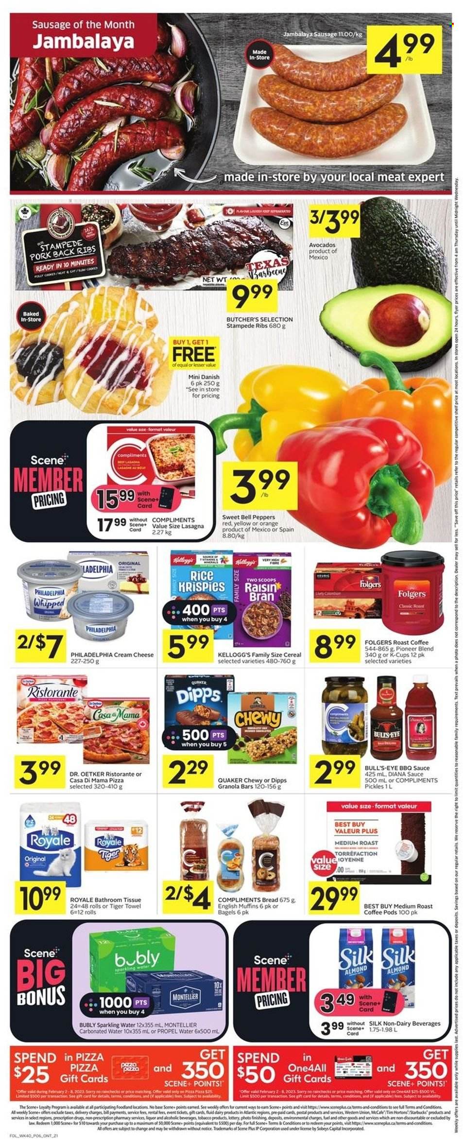 thumbnail - Foodland Flyer - February 02, 2023 - February 08, 2023 - Sales products - bagels, bread, english muffins, bell peppers, peppers, avocado, oranges, sauce, Quaker, lasagna meal, sausage, Dr. Oetker, Kellogg's, pickles, cereals, granola bar, Rice Krispies, Raisin Bran, BBQ sauce, sparkling water, coffee, coffee pods, Folgers, coffee capsules, McCafe, K-Cups, liquor, ribs, pork meat, pork ribs, pork back ribs, bath tissue, Philadelphia. Page 2.