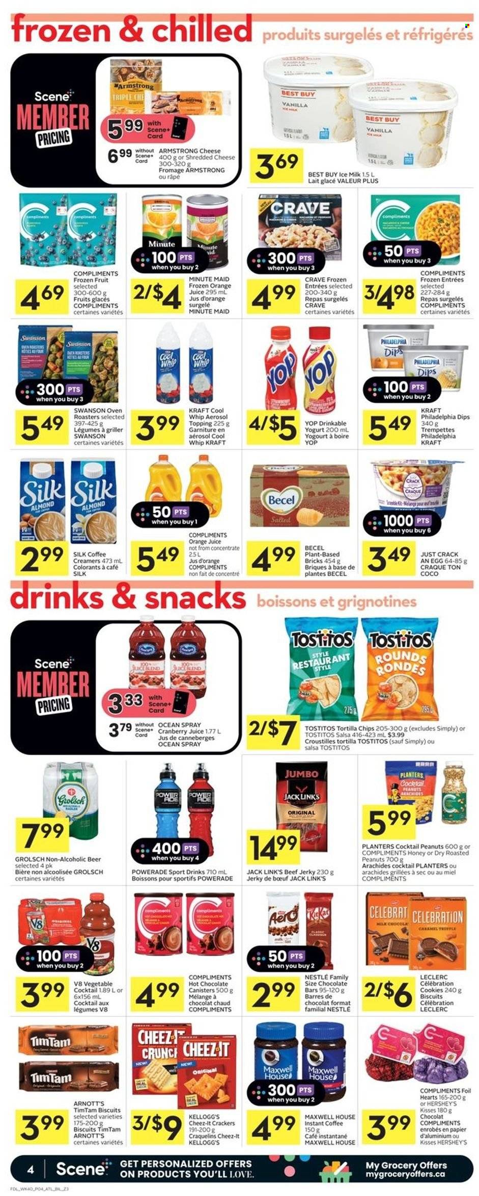 thumbnail - Co-op Flyer - February 02, 2023 - February 08, 2023 - Sales products - Kraft®, beef jerky, jerky, shredded cheese, yoghurt, milk, Cool Whip, Hershey's, cookies, truffles, Celebration, crackers, Kellogg's, biscuit, chocolate bar, tortilla chips, Cheez-It, Tostitos, Jack Link's, topping, salsa, roasted peanuts, peanuts, Planters, cranberry juice, Powerade, orange juice, juice, fruit punch, hot chocolate, Maxwell House, coffee, instant coffee, beer, Grolsch, Nestlé, Philadelphia. Page 4.
