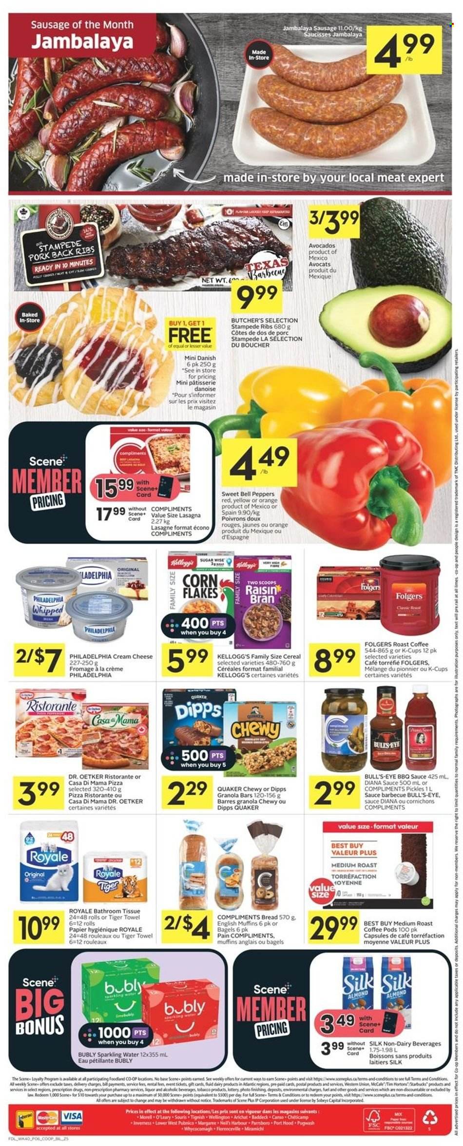 thumbnail - Co-op Flyer - February 02, 2023 - February 08, 2023 - Sales products - bagels, bread, english muffins, bell peppers, peppers, avocado, oranges, pizza, sauce, Quaker, lasagna meal, sausage, Dr. Oetker, Kellogg's, sugar, pickles, cereals, corn flakes, granola bar, Raisin Bran, BBQ sauce, sparkling water, coffee, coffee pods, Folgers, coffee capsules, Starbucks, K-Cups, liquor, ribs, pork meat, pork ribs, pork back ribs, bath tissue, Philadelphia. Page 6.