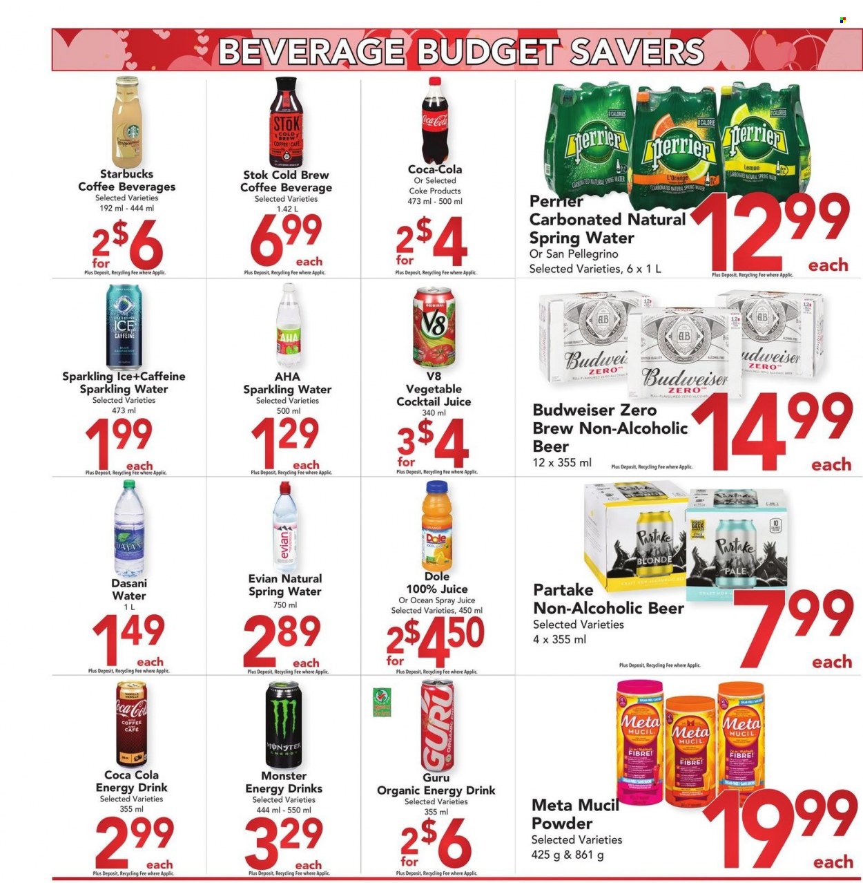 thumbnail - Buy-Low Foods Flyer - February 01, 2023 - February 28, 2023 - Sales products - Dole, oranges, Coca-Cola, juice, energy drink, Monster, Monster Energy, Perrier, spring water, sparkling water, Evian, San Pellegrino, Starbucks, alcohol, beer, Metamucil, Budweiser. Page 7.