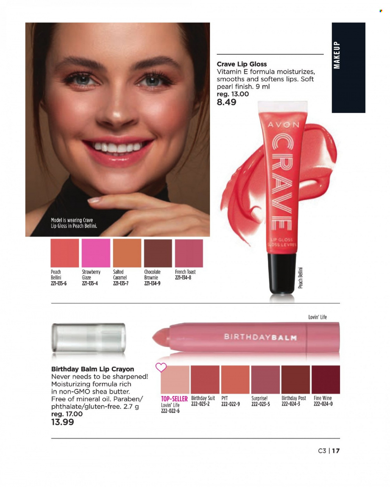 thumbnail - Avon Flyer - Sales products - Avon, shea butter, lip crayon, lip gloss, makeup. Page 17.