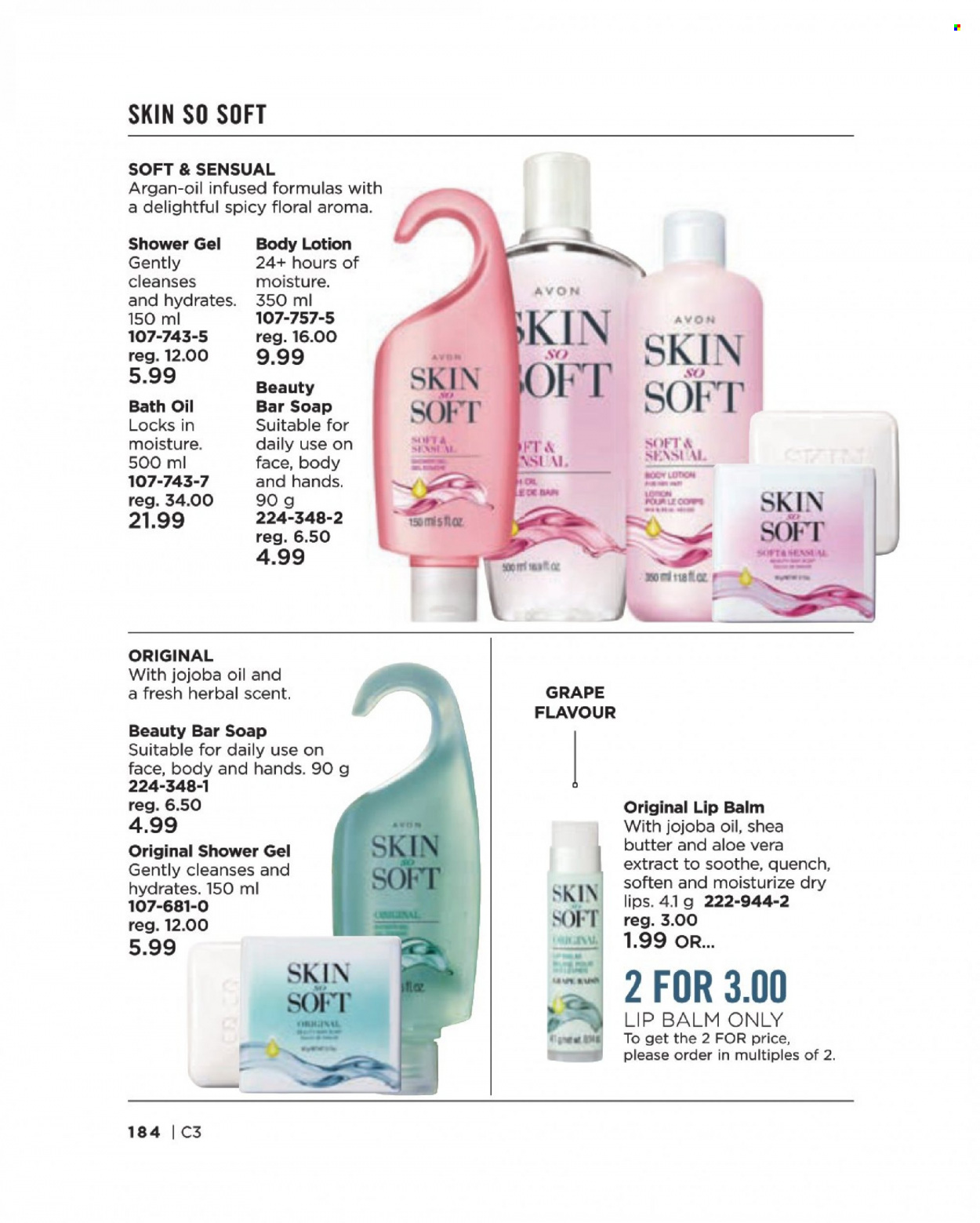 thumbnail - Avon Flyer - Sales products - bath oil, shower gel, Avon, soap bar, soap, lip balm, Skin So Soft, body lotion. Page 184.