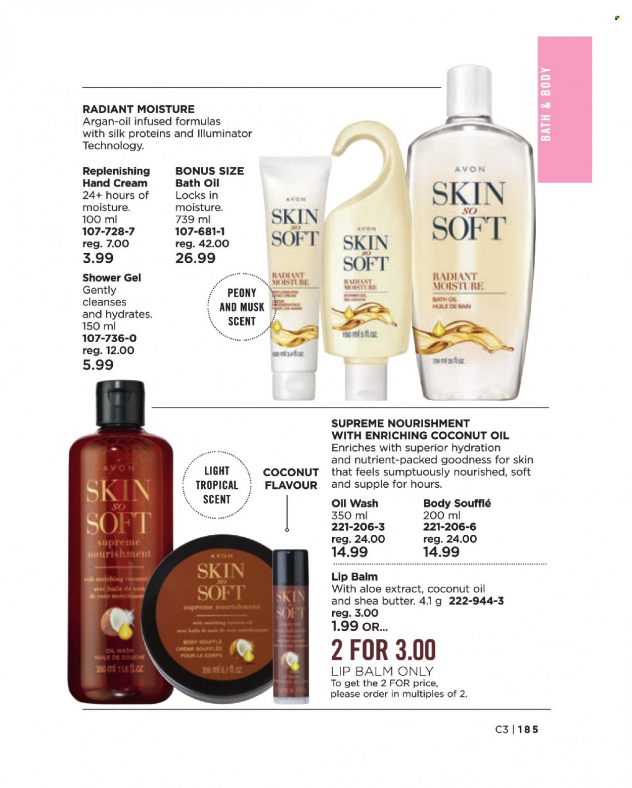 thumbnail - Avon Flyer - Sales products - bath oil, shower gel, Avon, coconut oil, lip balm, Skin So Soft, hand cream. Page 185.