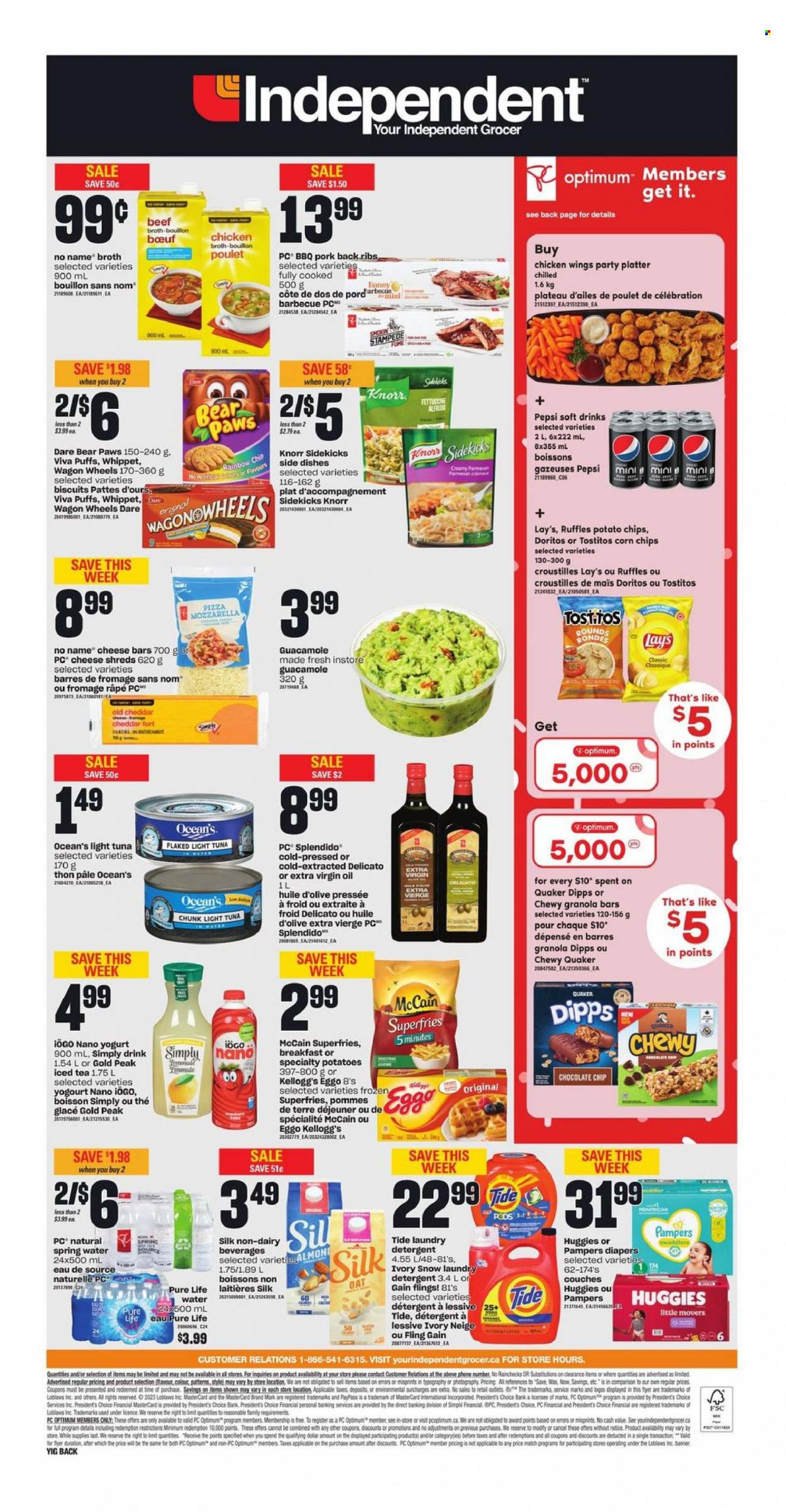 thumbnail - Independent Flyer - February 02, 2023 - February 08, 2023 - Sales products - puffs, tuna, No Name, pizza, Quaker, guacamole, parmesan, yoghurt, Silk, chicken wings, McCain, potato fries, Celebration, Kellogg's, biscuit, Doritos, potato chips, Lay’s, corn chips, Ruffles, Tostitos, beef broth, bouillon, chicken broth, oats, broth, tuna in water, light tuna, granola bar, extra virgin olive oil, oil, Pepsi, ice tea, soft drink, spring water, Pure Life Water, ribs, Pampers, nappies, Gain, Tide, laundry detergent, Paws, Optimum, rode, wagon, detergent, Huggies, Knorr. Page 3.