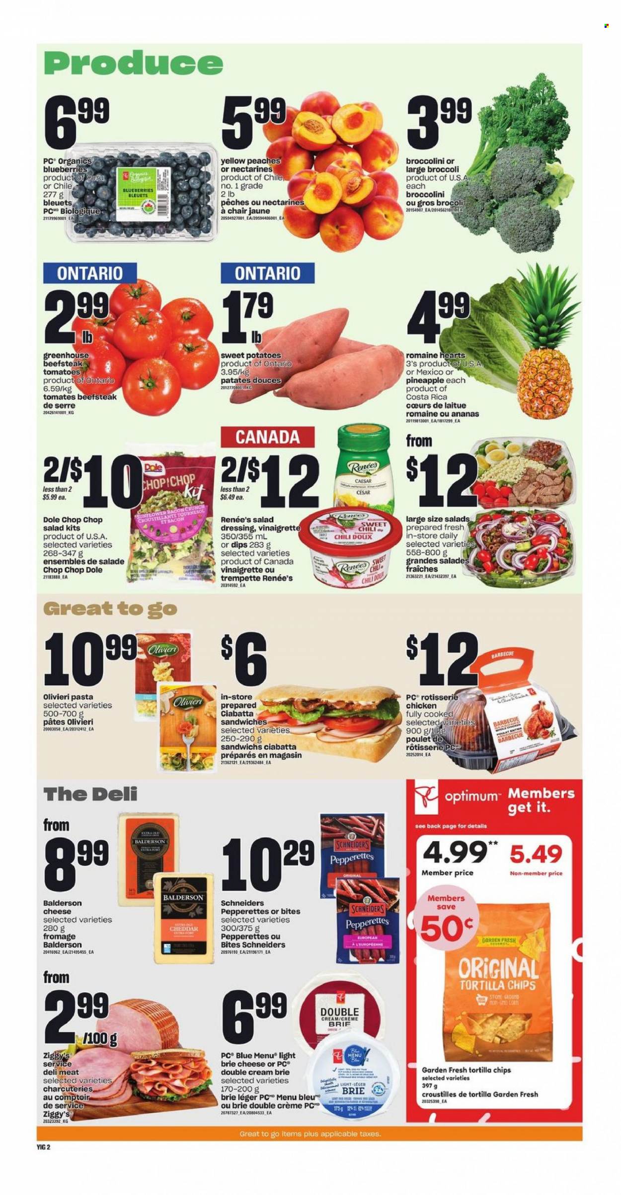 thumbnail - Independent Flyer - February 02, 2023 - February 08, 2023 - Sales products - chair, broccoli, corn, sweet potato, tomatoes, potatoes, Dole, broccolini, blueberries, nectarines, peaches, chicken roast, sandwich, pasta, bacon, brie, tortilla chips, chips, salad dressing, vinaigrette dressing, dressing, Optimum, ciabatta. Page 4.