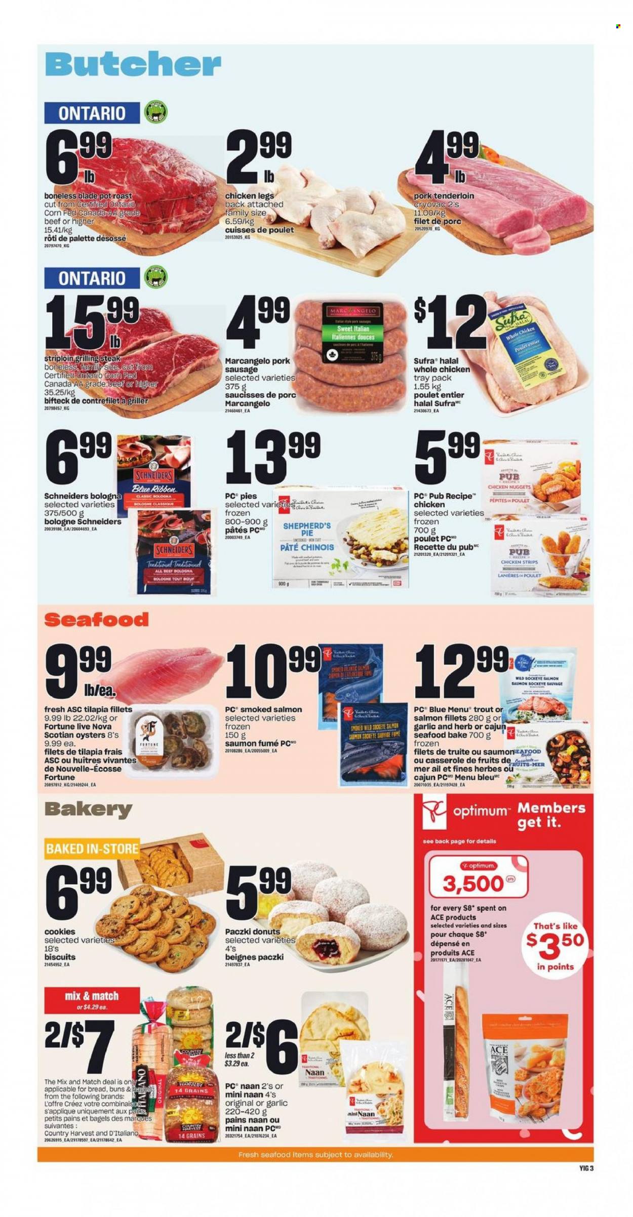 thumbnail - Independent Flyer - February 02, 2023 - February 08, 2023 - Sales products - bagels, pie, Blue Ribbon, buns, Ace, donut, paczki, garlic, salmon fillet, smoked salmon, tilapia, trout, oysters, seafood, nuggets, chicken nuggets, bologna sausage, sausage, pork sausage, Country Harvest, strips, chicken strips, cookies, biscuit, herbs, whole chicken, chicken legs, chicken, pork meat, pork tenderloin, Palette, pot, casserole, Optimum, steak. Page 5.