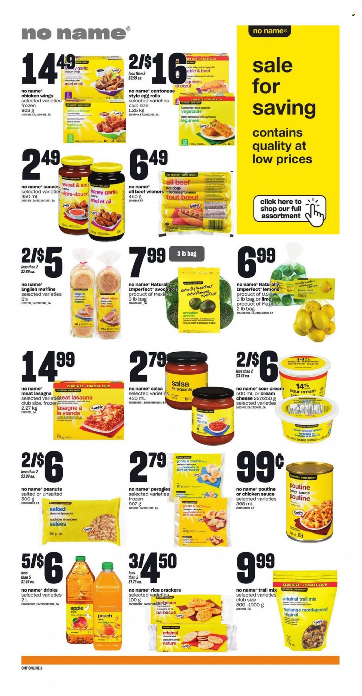 thumbnail - Independent Flyer - February 02, 2023 - February 08, 2023 - Sales products - Apple, english muffins, avocado, limes, lemons, No Name, hot dog, sauce, egg rolls, lasagna meal, bacon, cheese spread, sour cream, chicken wings, crackers, rice crackers, salsa, garlic sauce, honey, peanuts, trail mix, Sure. Page 8.
