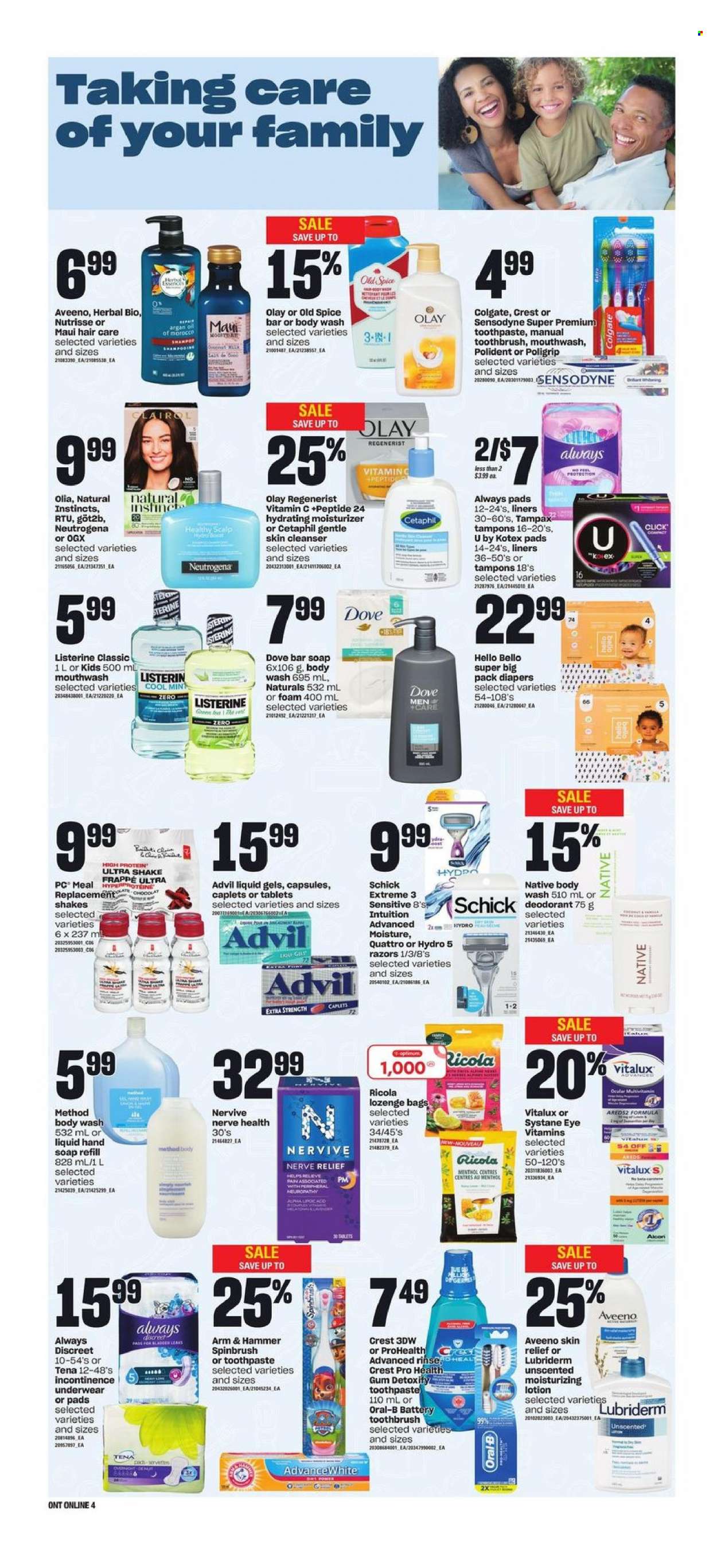 thumbnail - Independent Flyer - February 02, 2023 - February 08, 2023 - Sales products - shake, Dove, Ricola, ARM & HAMMER, spice, nappies, Aveeno, body wash, hand soap, soap bar, soap, toothbrush, toothpaste, mouthwash, Polident, Crest, Always pads, sanitary pads, Always Discreet, Kotex, Kotex pads, incontinence underwear, tampons, cleanser, moisturizer, Olay, OGX, Clairol, body lotion, Lubriderm, anti-perspirant, Schick, bag, pot, Optimum, multivitamin, vitamin c, argan oil, Advil Rapid, Colgate, Listerine, Neutrogena, shampoo, Systane, Tampax, Old Spice, Oral-B, Sensodyne, deodorant. Page 10.