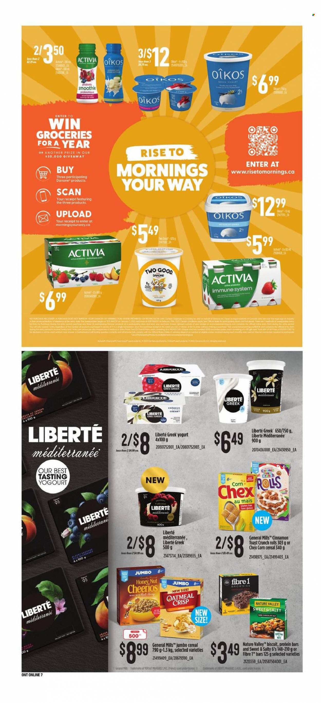 thumbnail - Independent Flyer - February 02, 2023 - February 08, 2023 - Sales products - brownies, corn, greek yoghurt, yoghurt, Activia, Oikos, Yoplait, biscuit, oatmeal, cereals, Cheerios, protein bar, Nature Valley, cinnamon, smoothie, probiotics, Danone. Page 13.