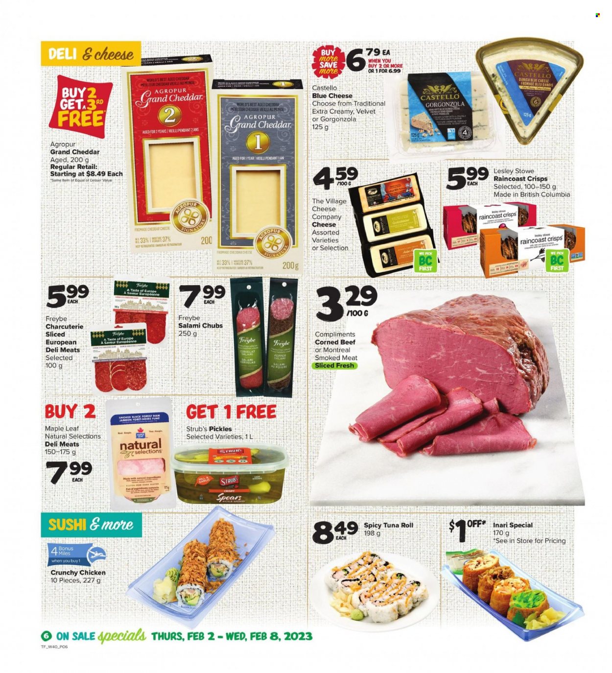 thumbnail - Thrifty Foods Flyer - February 02, 2023 - February 08, 2023 - Sales products - garlic, tuna, salami, ham, corned beef, blue cheese, cheddar, pickles, dill, pepper, beef meat, gorgonzola. Page 6.