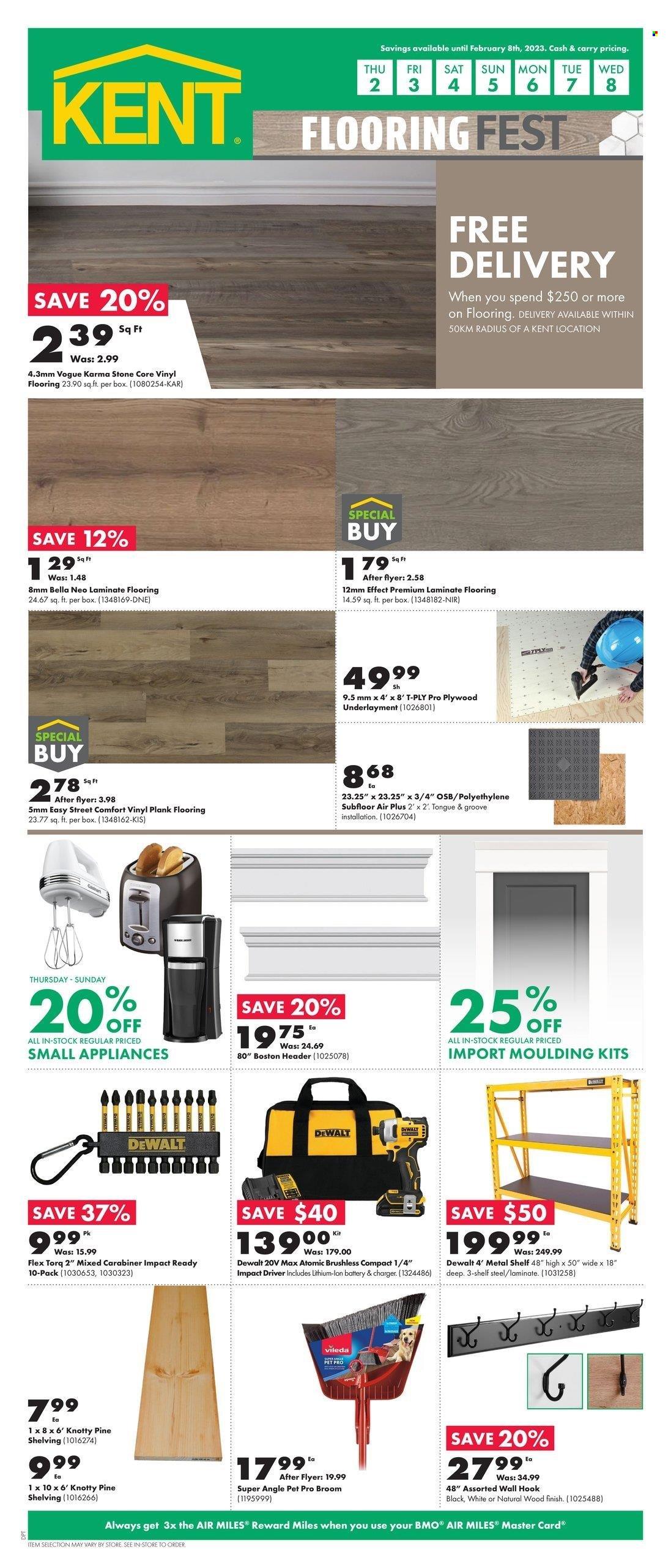 thumbnail - Kent Flyer - February 02, 2023 - February 08, 2023 - Sales products - Vileda, broom, flooring, laminate floor, vinyl, plywood, moulding, DeWALT, impact driver. Page 1.