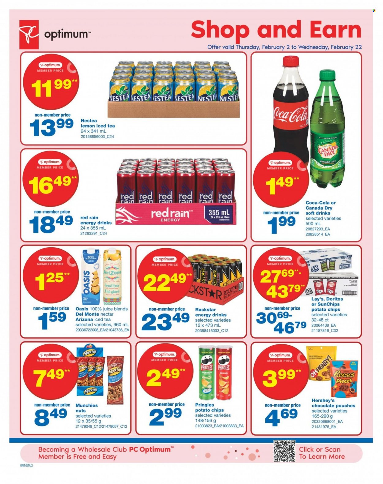 thumbnail - Wholesale Club Flyer - February 02, 2023 - February 22, 2023 - Sales products - sour cream, Reese's, Hershey's, snack, biscuit, Doritos, potato chips, Pringles, chips, Lay’s, Del Monte, peanuts, Canada Dry, Coca-Cola, ginger ale, juice, energy drink, ice tea, soft drink, AriZona, Rockstar. Page 2.