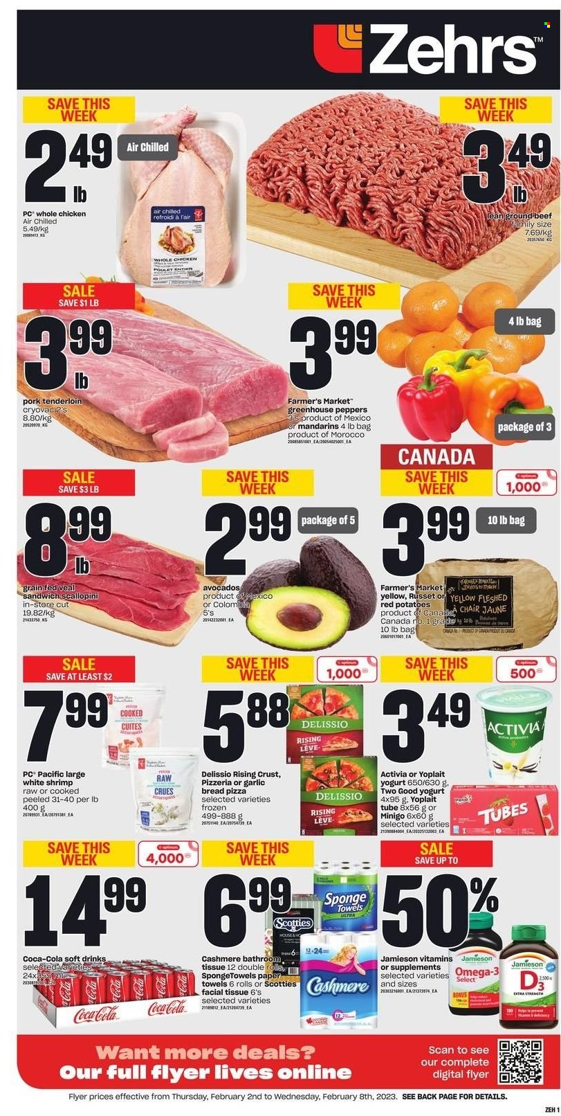 thumbnail - Zehrs Flyer - February 02, 2023 - February 08, 2023 - Sales products - chair, bread, russet potatoes, potatoes, peppers, red potatoes, avocado, mandarines, shrimps, pizza, sandwich, yoghurt, Activia, Yoplait, Coca-Cola, soft drink, whole chicken, chicken, beef meat, ground beef, pork meat, pork tenderloin, tissues, kitchen towels, paper towels, sponge, Optimum, greenhouse, Omega-3. Page 1.