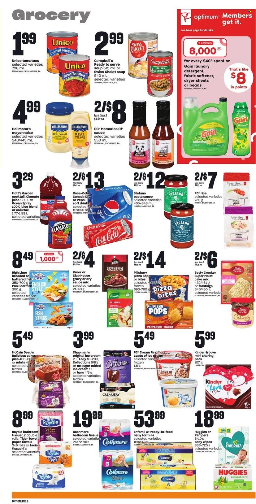 thumbnail - Zehrs Flyer - February 02, 2023 - February 08, 2023 - Sales products - cake mix, Mott's, fish fillets, fish, fish fingers, fish sticks, Campbell's, pizza, pasta sauce, soup, sauce, Pillsbury, bacon, ham, pepperoni, mayonnaise, Hellmann’s, ice cream, McCain, lollipop, crushed tomatoes, diced tomatoes, basmati rice, rice, caramel, Canada Dry, Coca-Cola, Pepsi, juice, Clamato, soft drink, Enfamil, wipes, Pampers, baby wipes, bath tissue, kitchen towels, paper towels, Gain, fabric softener, dryer sheets, basket, pan, Optimum, detergent, Huggies, Knorr. Page 9.