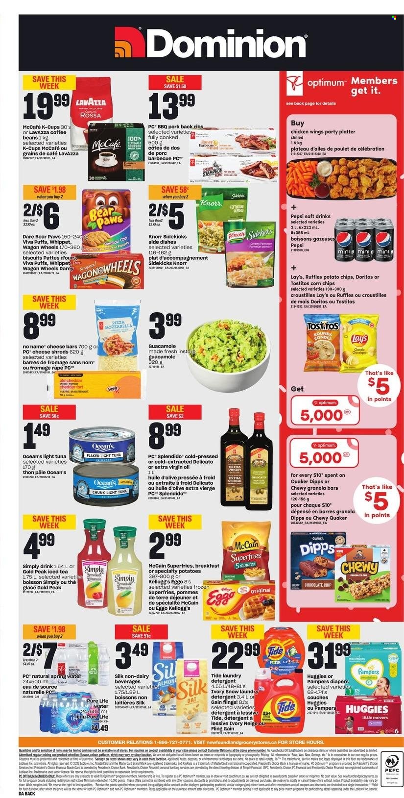 thumbnail - Dominion Flyer - February 02, 2023 - February 08, 2023 - Sales products - puffs, quince, tuna, No Name, pizza, Quaker, guacamole, parmesan, Silk, chicken wings, McCain, potato fries, Celebration, Kellogg's, biscuit, Doritos, potato chips, Lay’s, corn chips, Ruffles, Tostitos, tuna in water, light tuna, granola bar, extra virgin olive oil, oil, Pepsi, ice tea, soft drink, spring water, Pure Life Water, coffee, coffee beans, coffee capsules, McCafe, K-Cups, Lavazza, ribs, pork meat, pork ribs, pork back ribs, Pampers, nappies, Gain, Tide, laundry detergent, Paws, Optimum, wagon, detergent, Huggies, Knorr. Page 3.