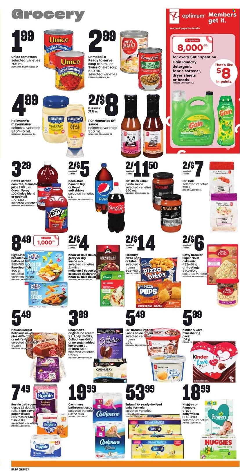thumbnail - Dominion Flyer - February 02, 2023 - February 08, 2023 - Sales products - Sony, cake mix, Mott's, fish, fish fingers, fish sticks, Campbell's, pizza, pasta sauce, soup, sauce, Pillsbury, bacon, pepperoni, mayonnaise, Hellmann’s, ice cream, McCain, lollipop, crushed tomatoes, diced tomatoes, basmati rice, rice, Canada Dry, Coca-Cola, Pepsi, juice, Clamato, soft drink, Enfamil, wipes, Pampers, baby wipes, bath tissue, kitchen towels, paper towels, Gain, fabric softener, laundry detergent, dryer sheets, pan, Optimum, detergent, Huggies, Knorr. Page 9.