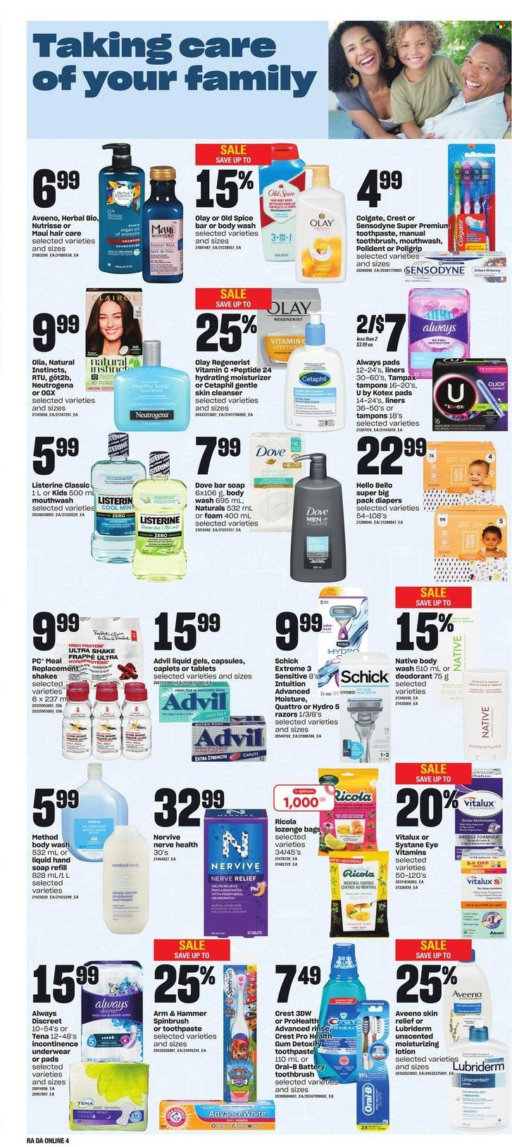 thumbnail - Dominion Flyer - February 02, 2023 - February 08, 2023 - Sales products - shake, Dove, Ricola, ARM & HAMMER, spice, nappies, Aveeno, body wash, hand soap, soap bar, soap, toothbrush, toothpaste, mouthwash, Polident, Crest, Always pads, sanitary pads, Always Discreet, Kotex, Kotex pads, tampons, cleanser, moisturizer, Olay, OGX, Clairol, Maui Moisture, body lotion, Lubriderm, anti-perspirant, Schick, bag, server, vitamin c, argan oil, Advil Rapid, Colgate, Listerine, Neutrogena, Systane, Tampax, Old Spice, Oral-B, Sensodyne, deodorant. Page 10.