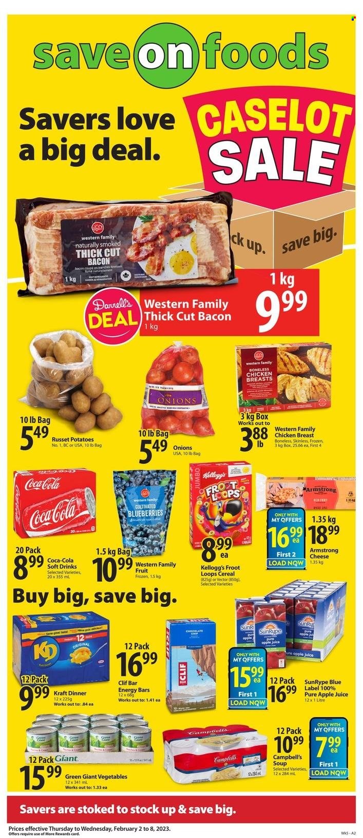 thumbnail - Save-On-Foods Flyer - February 02, 2023 - February 08, 2023 - Sales products - russet potatoes, potatoes, blueberries, Campbell's, soup, Kraft®, bacon, cheese, chocolate, Kellogg's, cereals, energy bar, apple juice, Coca-Cola, juice, soft drink, chicken breasts, chicken. Page 1.