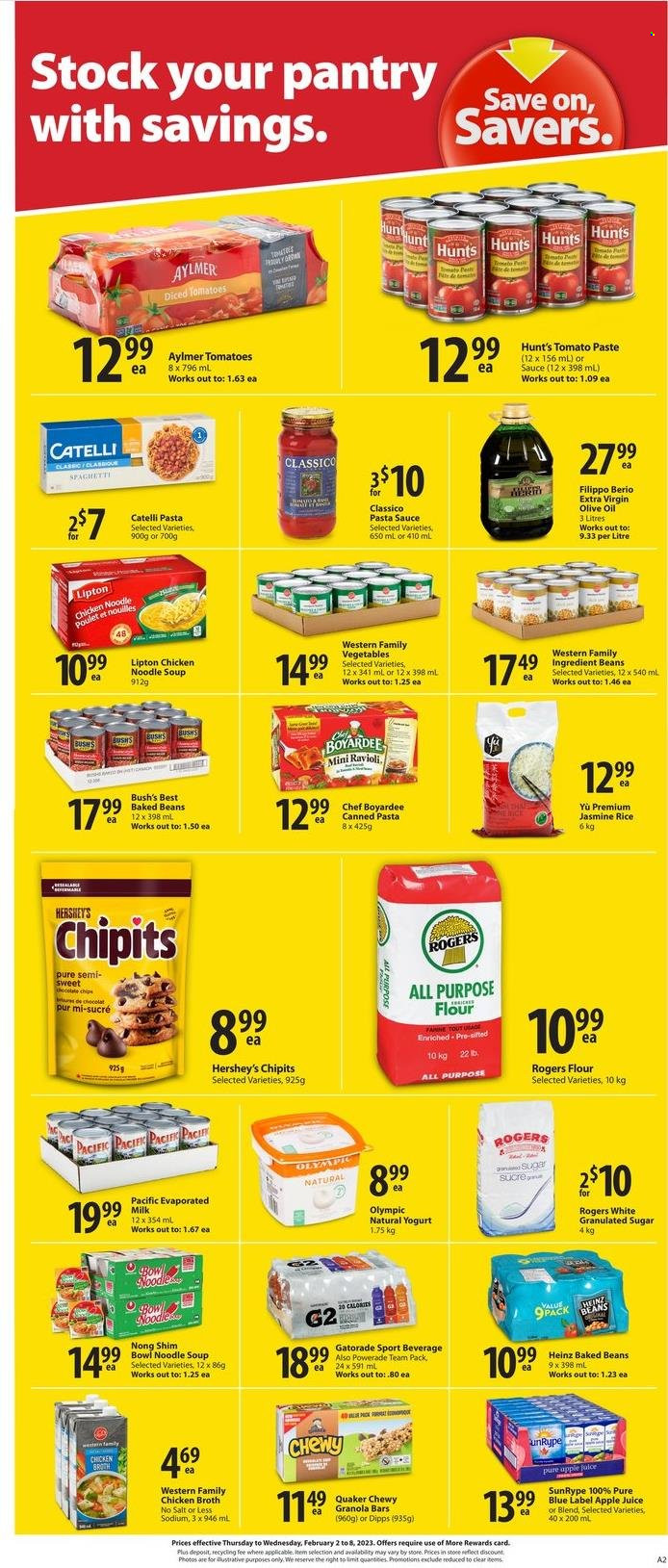 thumbnail - Save-On-Foods Flyer - February 02, 2023 - February 08, 2023 - Sales products - beans, spaghetti, pasta sauce, soup, noodles cup, Quaker, noodles, yoghurt, milk, Hershey's, chips, all purpose flour, flour, granulated sugar, sugar, chicken broth, broth, tomato paste, baked beans, Chef Boyardee, diced tomatoes, granola bar, rice, jasmine rice, Classico, extra virgin olive oil, olive oil, oil, apple juice, Powerade, juice, Gatorade, Heinz, Lipton. Page 2.