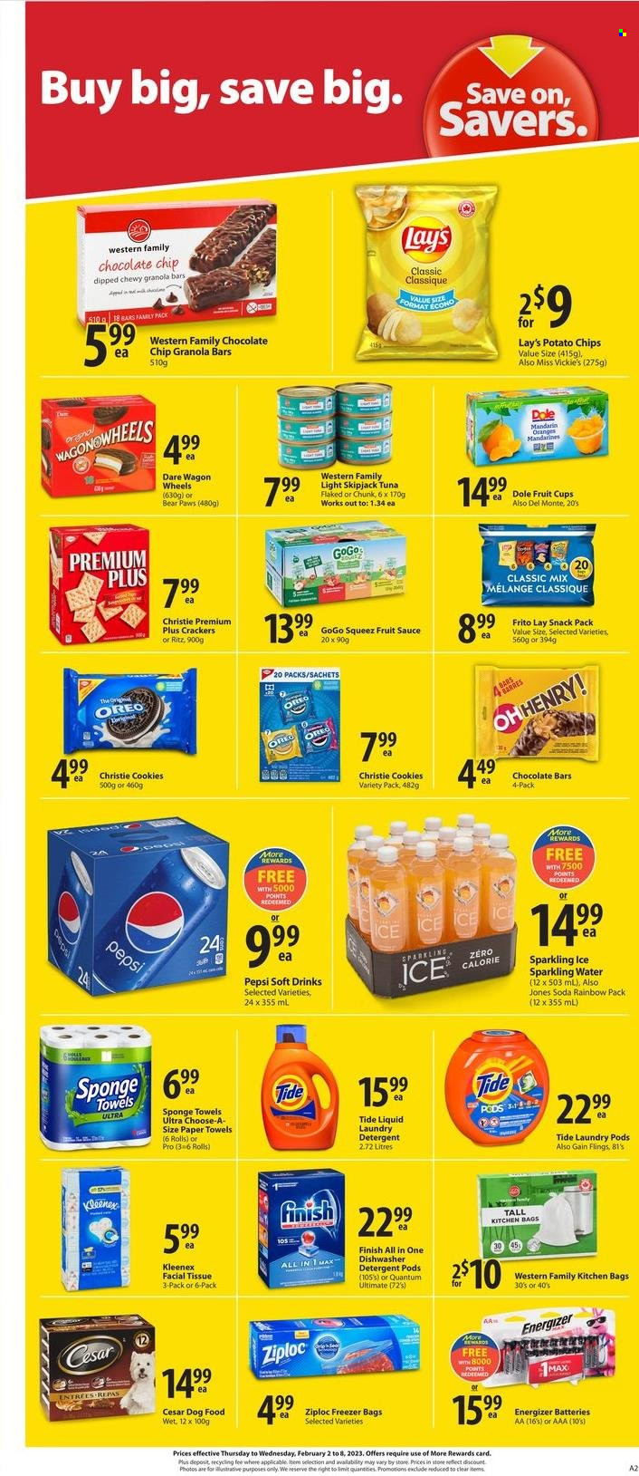 thumbnail - Save-On-Foods Flyer - February 02, 2023 - February 08, 2023 - Sales products - Dole, mandarines, fruit cup, oranges, sauce, cookies, crackers, RITZ, chocolate bar, potato chips, chips, Lay’s, Del Monte, granola bar, Pepsi, soft drink, soda, sparkling water, Kleenex, tissues, kitchen towels, paper towels, Gain, Tide, laundry detergent, freezer bag, Ziploc, animal food, dog food, detergent, Energizer, Oreo. Page 4.