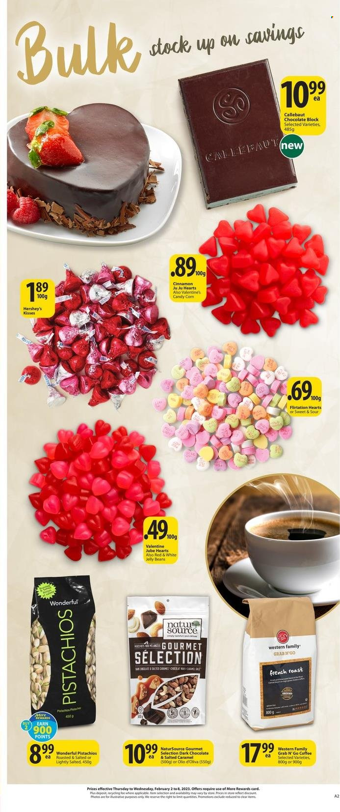 thumbnail - Save-On-Foods Flyer - February 02, 2023 - February 08, 2023 - Sales products - corn, Hershey's, chocolate, dark chocolate, jelly beans, cinnamon, pistachios, coffee. Page 12.
