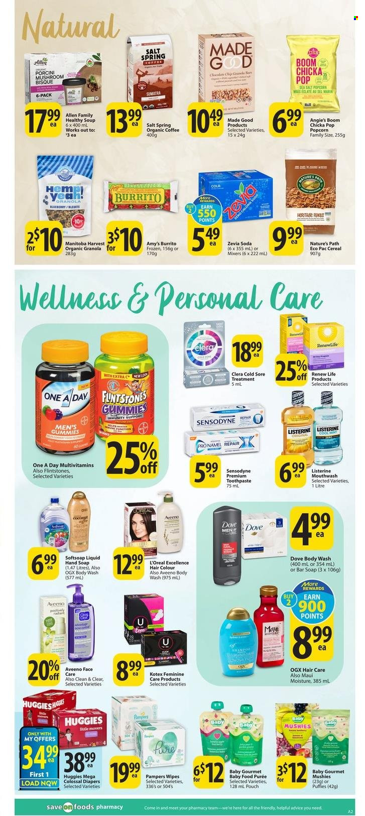 thumbnail - Save-On-Foods Flyer - February 02, 2023 - February 08, 2023 - Sales products - porcini, mushrooms, soup, burrito, Dove, chocolate chips, popcorn, cereals, granola bar, soda, organic coffee, wipes, Pampers, nappies, Aveeno, body wash, Softsoap, hand soap, soap bar, soap, toothpaste, mouthwash, Kotex, L’Oréal, Clean & Clear, OGX, hair color, comb, Maui Moisture, multivitamin, Listerine, shampoo, Huggies, Sensodyne. Page 13.