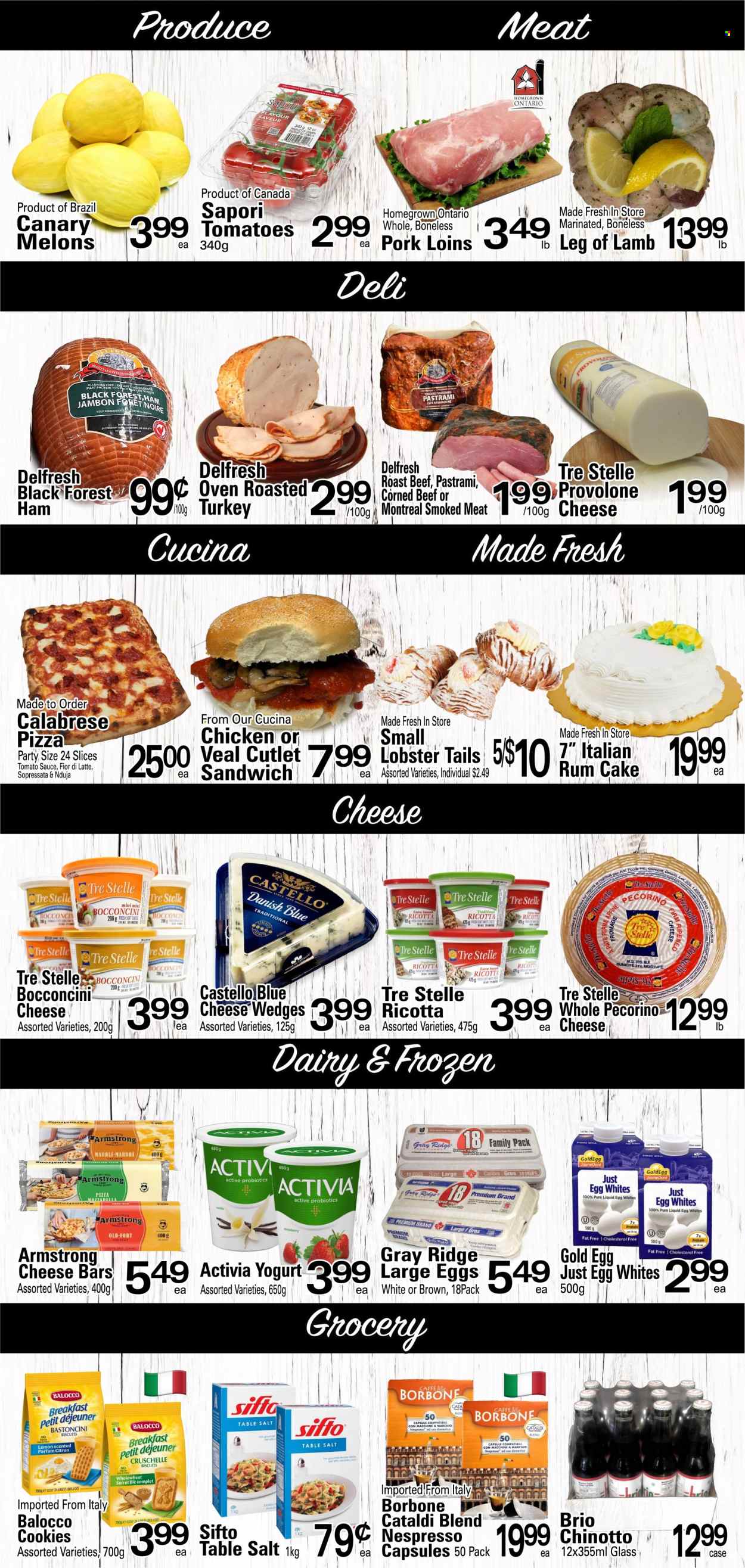 thumbnail - Cataldi Fresh Market Flyer - February 01, 2023 - February 07, 2023 - Sales products - cake, lobster, lobster tail, pizza, ham, pastrami, corned beef, blue cheese, bocconcini, soft cheese, Pecorino, Provolone, yoghurt, Activia, shake, large eggs, cookies, biscuit, tomato sauce, Nespresso, rum, beef meat, veal cutlet, veal meat, roast beef, lamb leg, eau de parfum, ricotta. Page 2.