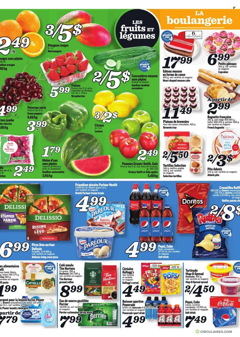 thumbnail - Marché Richelieu Flyer - February 02, 2023 - February 08, 2023 - Sales products - bread, english muffins, tortillas, pita, cake, cupcake, brownies, cucumber, radishes, peppers, apples, Gala, mango, watermelon, cherries, oranges, melons, lemons, Granny Smith, pizza, pasta, pepperoni, chocolate, Kellogg's, Doritos, Cheetos, Ruffles, cereals, Coca-Cola, Powerade, Pepsi, soft drink, Perrier, Gatorade, spring water, coffee, ground coffee, Starbucks, red wine, wine, laundry detergent, Bounce, baguette, detergent, Nestlé. Page 3.