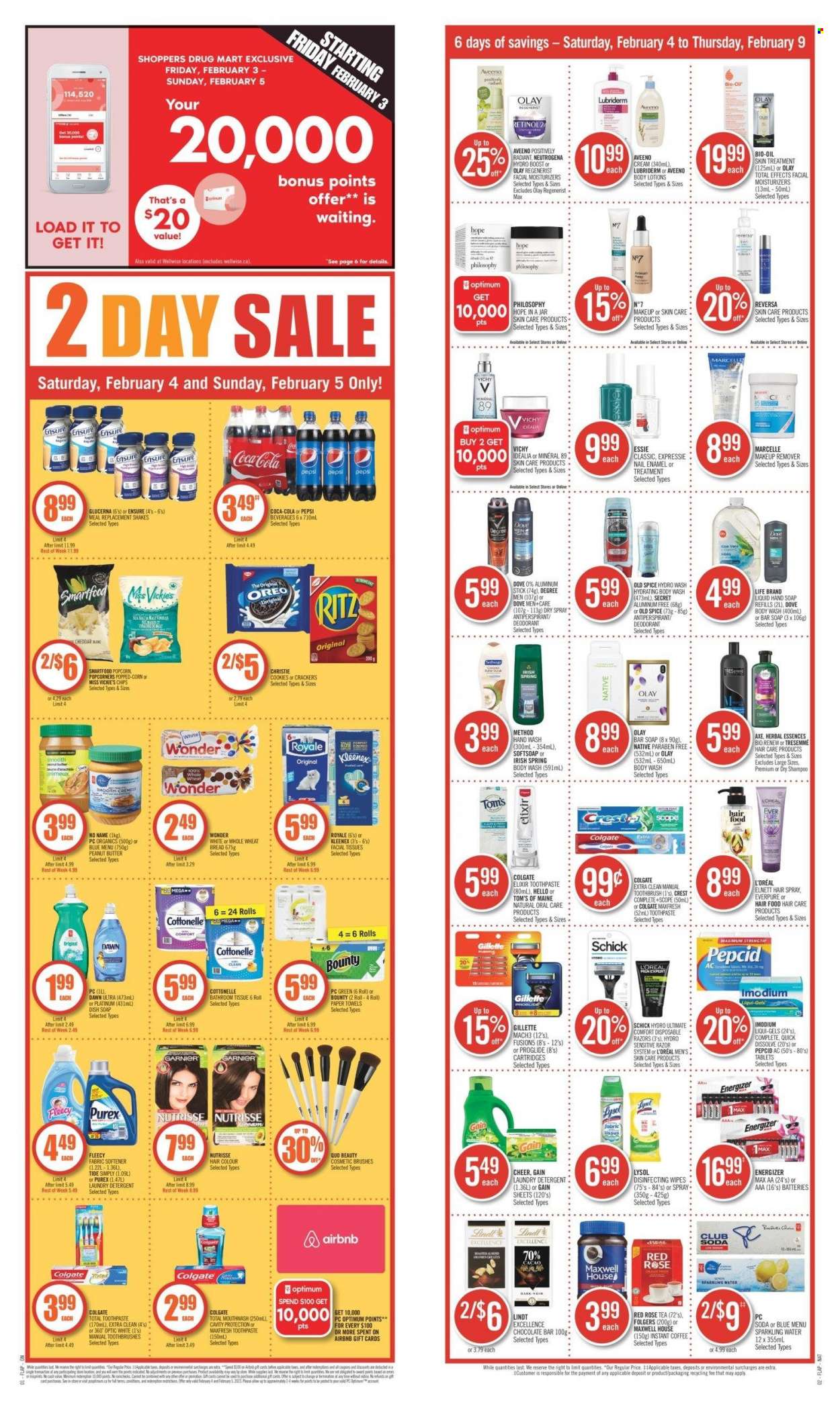 thumbnail - Shoppers Drug Mart Flyer - February 04, 2023 - February 09, 2023 - Sales products - wheat bread, No Name, shake, cookies, Dove, Bounty, crackers, RITZ, chocolate bar, chips, Smartfood, popcorn, corn, spice, peanut butter, Coca-Cola, Pepsi, soda, sparkling water, Boost, Maxwell House, tea, coffee, instant coffee, Folgers, wipes, Aveeno, bath tissue, Cottonelle, Kleenex, kitchen towels, paper towels, Gain, Lysol, Tide, fabric softener, laundry detergent, Purex, body wash, Softsoap, Vichy, hand soap, hand wash, soap bar, soap, toothbrush, toothpaste, mouthwash, Crest, facial tissues, Gillette, L’Oréal, moisturizer, Olay, TRESemmé, hair color, Herbal Essences, Lubriderm, anti-perspirant, Axe, razor, Schick, disposable razor, nail enamel, makeup remover, wok, jar, battery, Optimum, Pepcid, Glucerna, detergent, Energizer, Colgate, Garnier, Neutrogena, shampoo, Imodium, Old Spice, Oreo, Lindt, deodorant. Page 20.