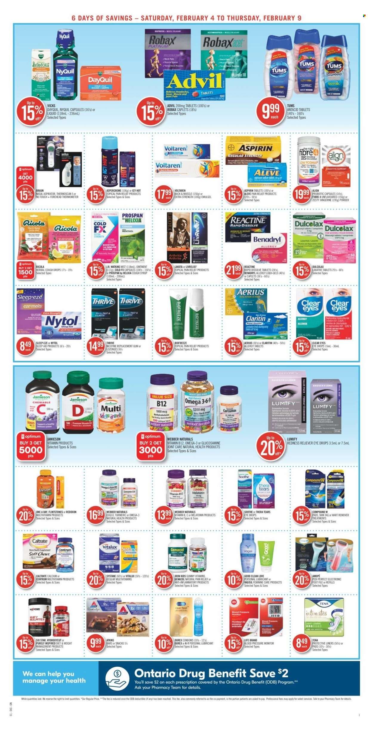 thumbnail - Shoppers Drug Mart Flyer - February 04, 2023 - February 09, 2023 - Sales products - fish, Ricola, chewing gum, turmeric, syrup, ointment, Brite, lubricant, Vicks, thermometer, Optimum, pressure monitor, pain relief, Aleve, DayQuil, Dulcolax, glucosamine, multivitamin, Ibuprofen, NyQuil, Omega-3, Aspercreme, Lumify, eye drops, Advil Rapid, vitamin B12, Antacid, laxative, vitamin D3, aspirin, Centrum, health supplement, Braun, Systane. Page 4.
