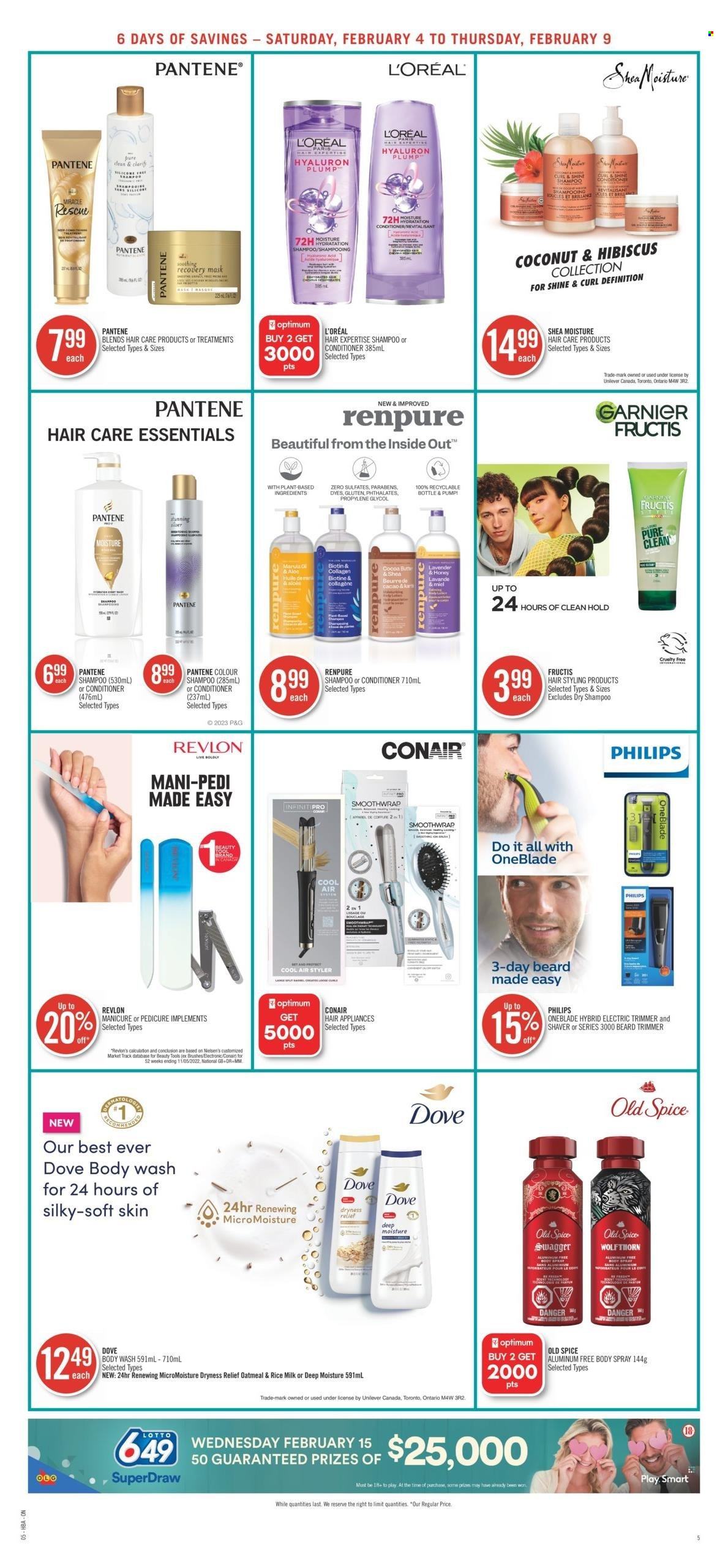 thumbnail - Shoppers Drug Mart Flyer - February 04, 2023 - February 09, 2023 - Sales products - Philips, Dove, cocoa, oatmeal, spice, honey, rice milk, body wash, L’Oréal, conditioner, Revlon, Pantene, Fructis, body spray, shaver, manicure, trimmer, Optimum, Lotto, Biotin, Garnier, shampoo, Old Spice. Page 10.