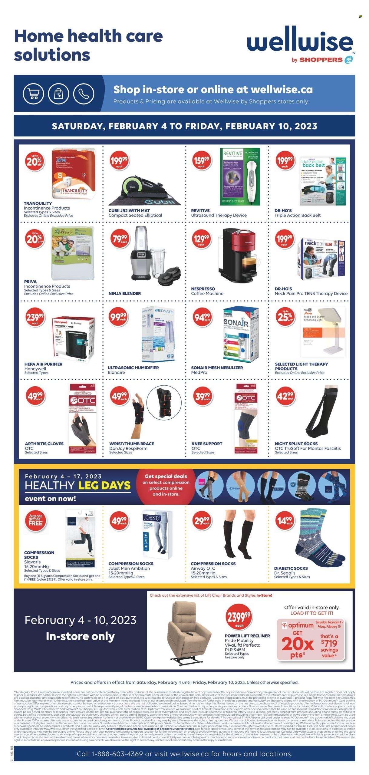 thumbnail - Shoppers Drug Mart Flyer - February 04, 2023 - February 09, 2023 - Sales products - chair, Nespresso, Optimum, Revitive, Honeywell, humidifier, recliner chair, socks, compression stockings, belt, gloves, nebuliser, brace, alcohol. Page 19.
