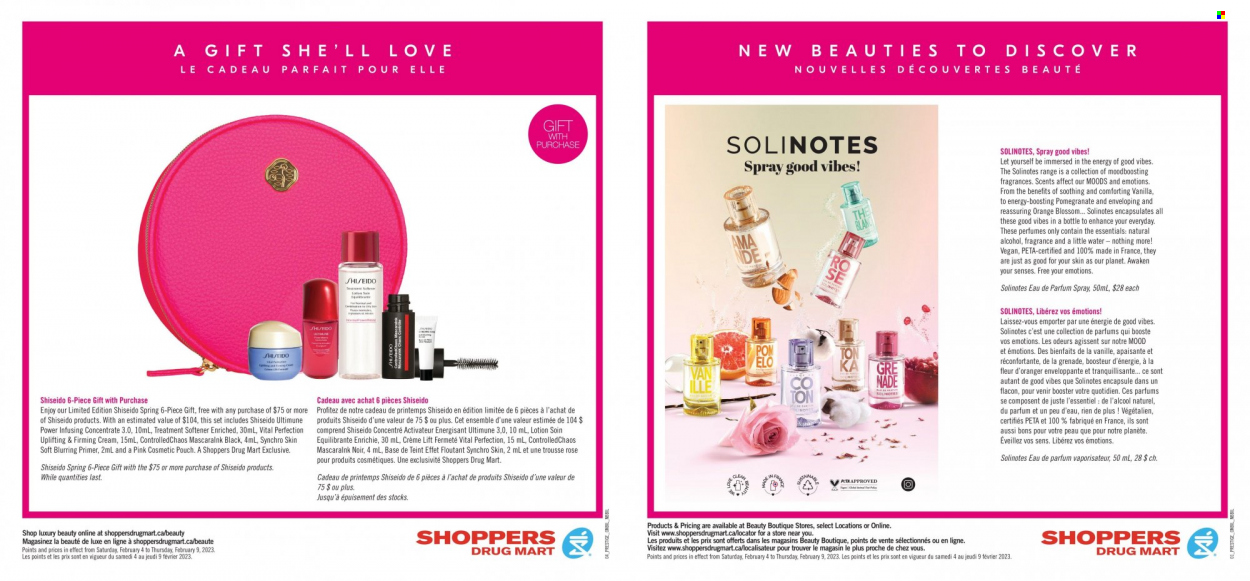 thumbnail - Shoppers Drug Mart Flyer - February 04, 2023 - February 09, 2023 - Sales products - Blossom, fabric softener, Shiseido, body lotion, eau de parfum, fragrance, alcohol. Page 8.