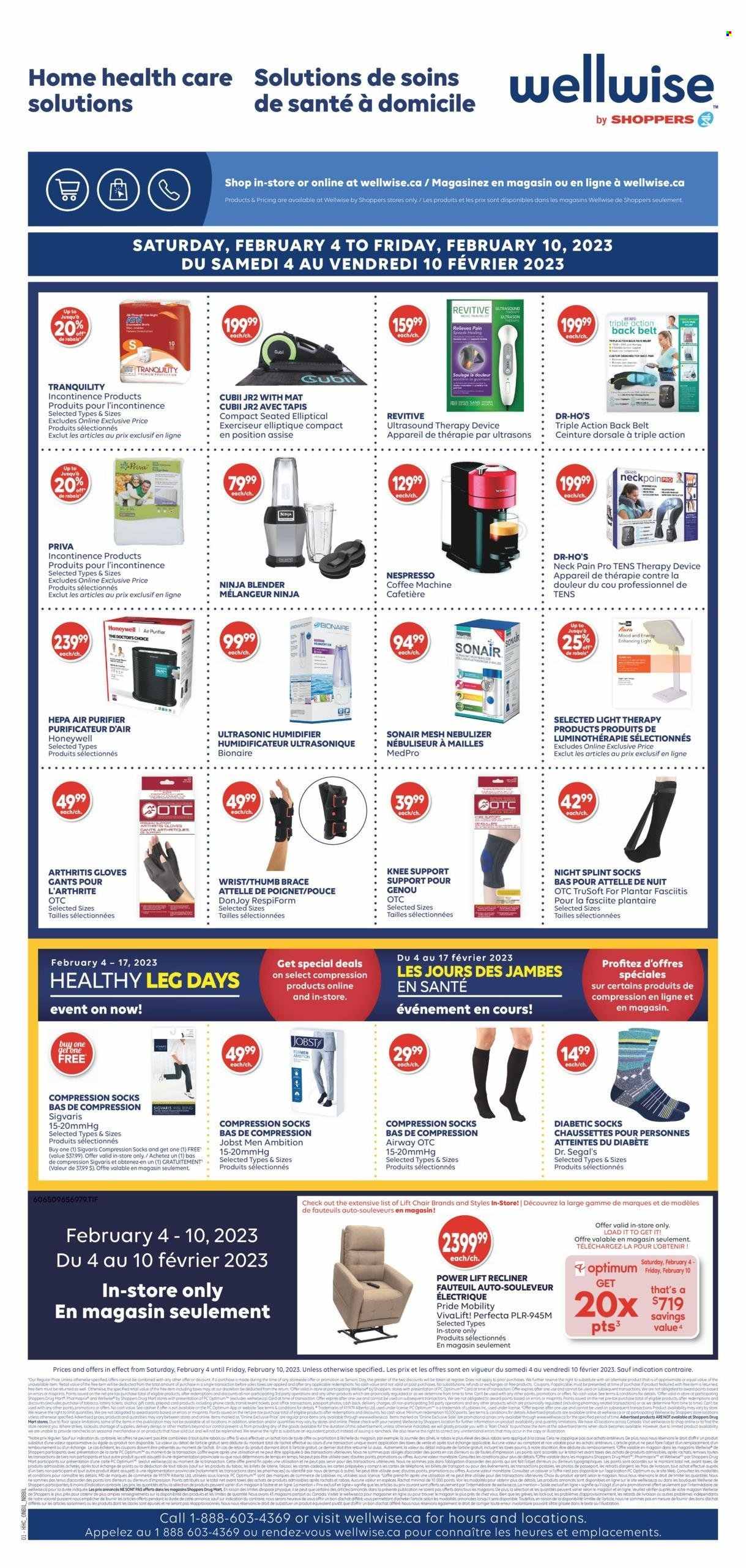 thumbnail - Shoppers Drug Mart Flyer - February 04, 2023 - February 09, 2023 - Sales products - chair, Nespresso, pot, Optimum, phone, Revitive, Honeywell, humidifier, recliner chair, socks, compression stockings, belt, train, gloves, nebuliser, brace, robe, Oreo. Page 18.