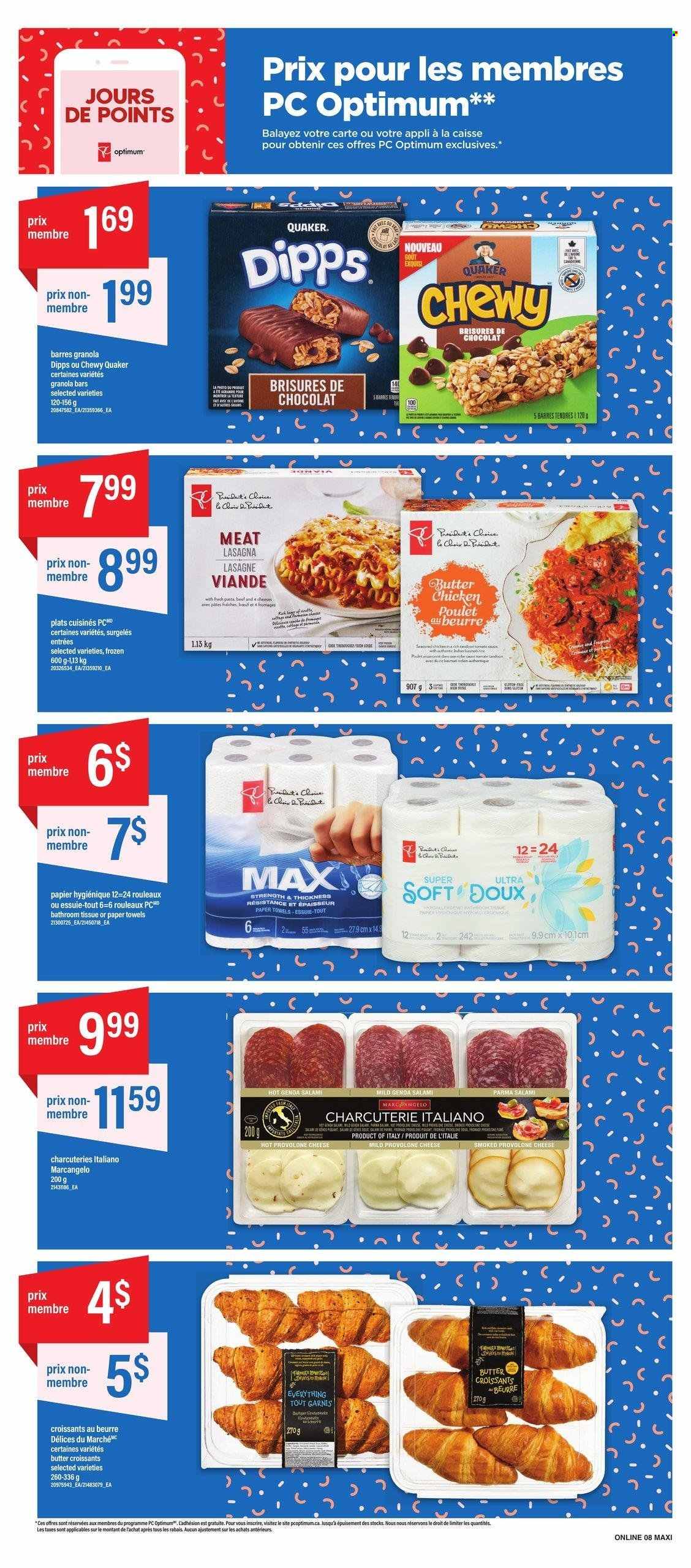 thumbnail - Maxi Flyer - February 02, 2023 - February 08, 2023 - Sales products - croissant, sauce, Quaker, lasagna meal, salami, cheese, Président, Provolone, granola bar, bath tissue, kitchen towels, paper towels. Page 7.
