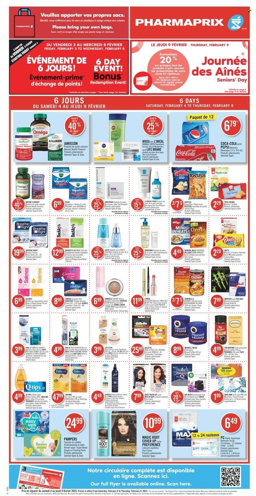 thumbnail - Pharmaprix Flyer - February 04, 2023 - February 09, 2023 - Sales products - cherries, Campbell's, soup, cookies, Dove, Kellogg's, biscuit, chips, Ruffles, Tostitos, Cheerios, Coca-Cola, Pepsi, Monster, Red Bull, Maxwell House, Twinings, coffee, Pampers, pants, nappies, Johnson's, baby pants, Nivea, bath tissue, Vichy, Crest, Carefree, Gillette, L’Oréal, La Roche-Posay, hair color, Vicks, pot, pan, Air Wick, Optimum, tote, Melatonin, Nature's Bounty, Omega-3, VapoRub, nasal spray, detergent, Oral-B. Page 1.