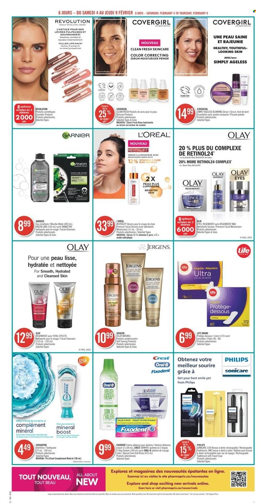 thumbnail - Pharmaprix Flyer - February 04, 2023 - February 09, 2023 - Sales products - Philips, Boost, toothbrush, toothpaste, Fixodent, Crest, brightening serum, L’Oréal, micellar water, moisturizer, serum, Olay, Jergens, Eclat, makeup, face powder, Optimum, Sonicare, vitamin c, Garnier, Oral-B, Sensodyne. Page 13.